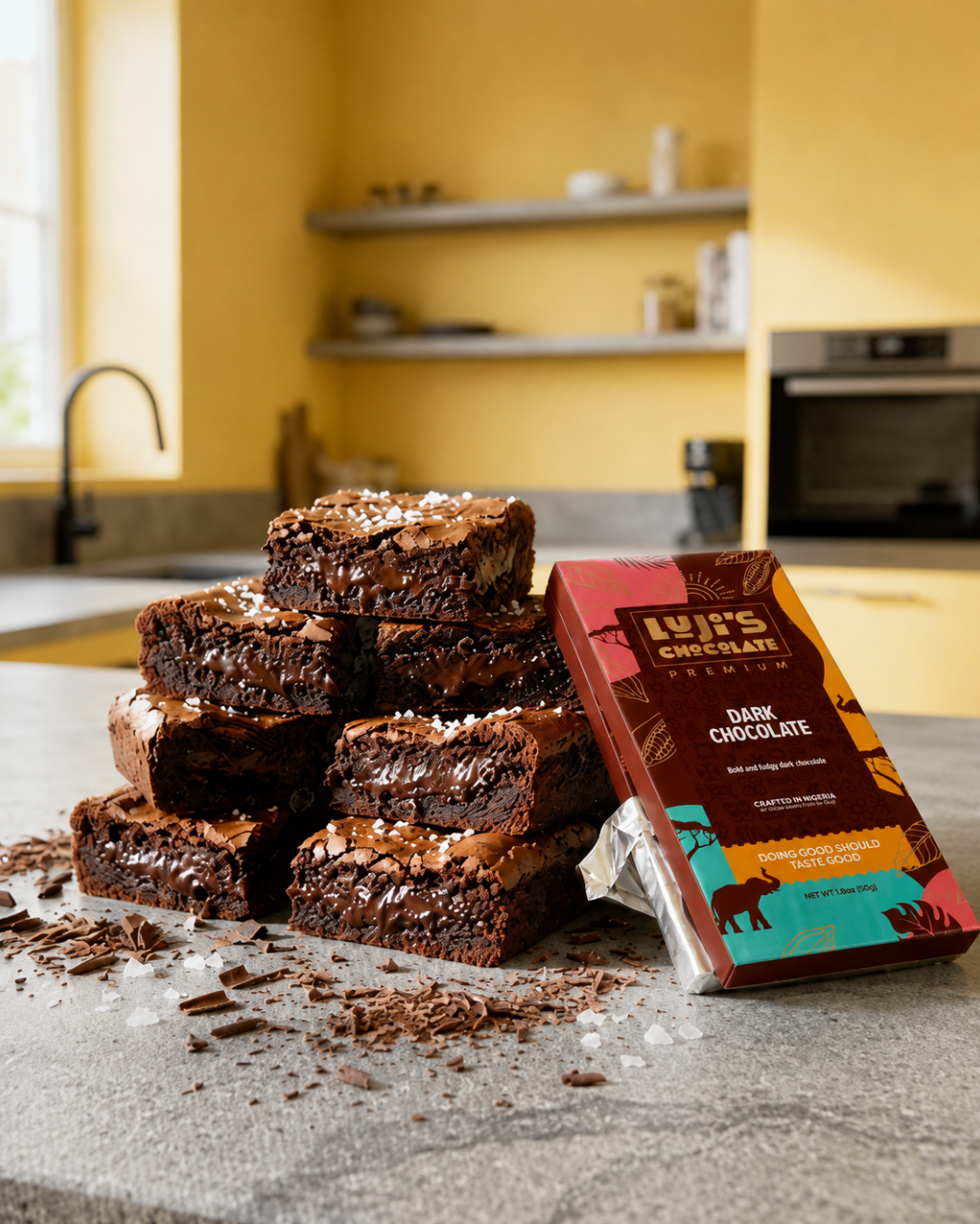 RICH & FUDGY DARK CHOCOLATE SEA SALT BROWNIES WITH LUJI’S 70% CHOCOLATE
