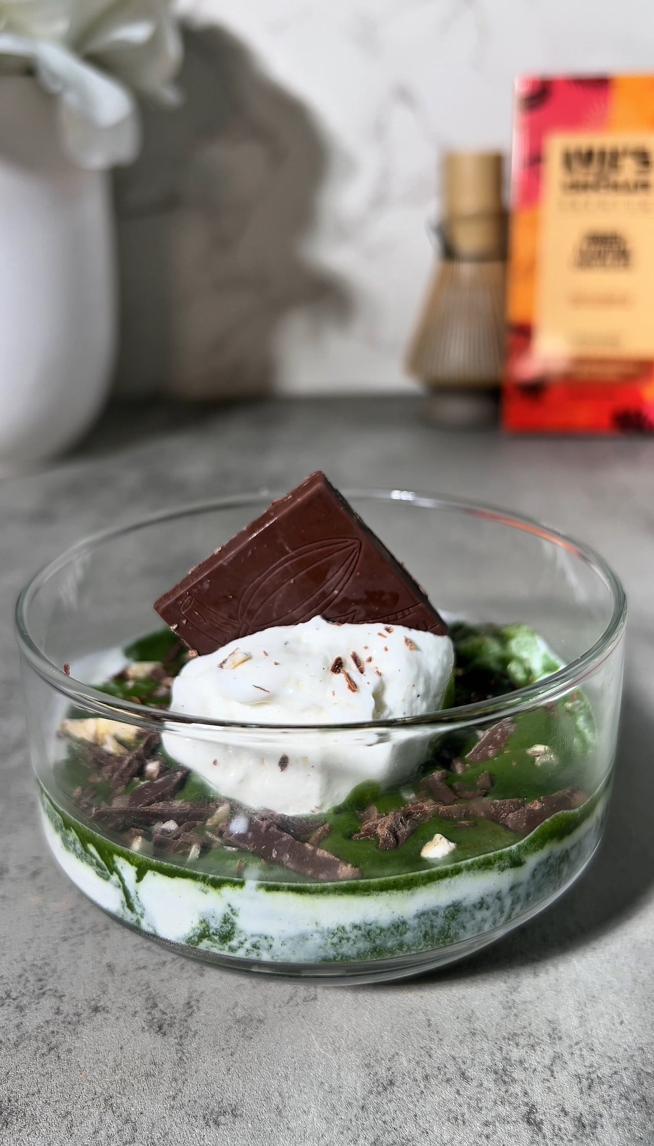 Matcha affogato dessert with chocolate and vanilla ice cream, made with Luji’s Ginger Plantain Chocolate