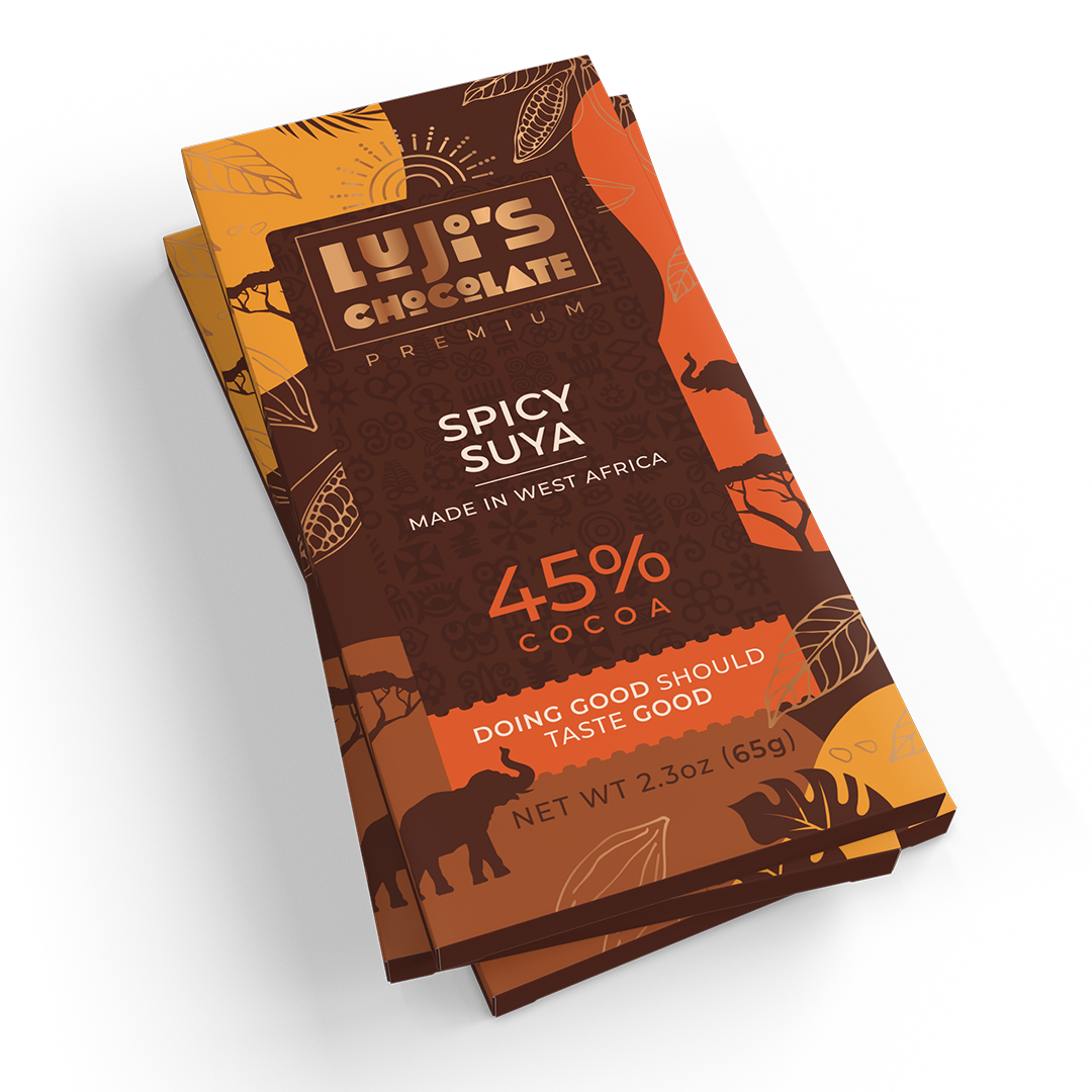 Luji's Chocolate Spicy Suya bar wrapper with a rich brown and orange color scheme, featuring an elephant silhouette, cocoa pod illustrations, and text that reads '45% Cocoa, Made in West Africa, Doing Good Should Taste Good.'
