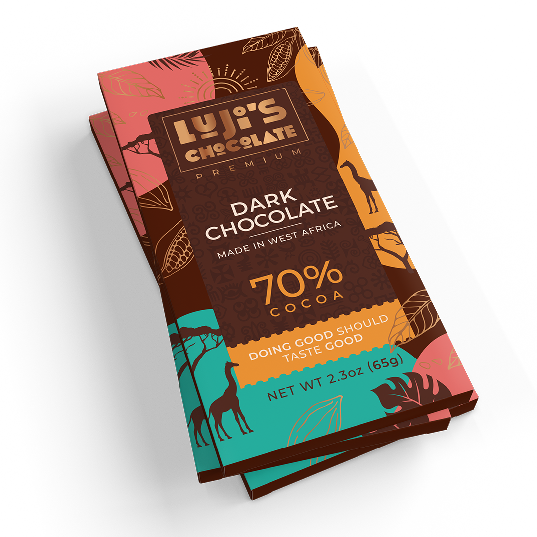 A Luji's Chocolate dark chocolate bar wrapper with a bold brown and teal color scheme, featuring a giraffe silhouette, cocoa pod illustrations, and text stating '70% Cocoa, Made in West Africa, Doing Good Should Taste Good.'
