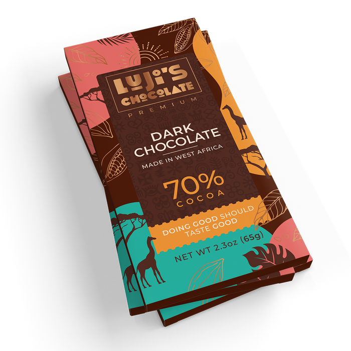 A Luji's Chocolate dark chocolate bar wrapper with a bold brown and teal color scheme, featuring a giraffe silhouette, cocoa pod illustrations, and text stating '70% Cocoa, Made in West Africa, Doing Good Should Taste Good.'
