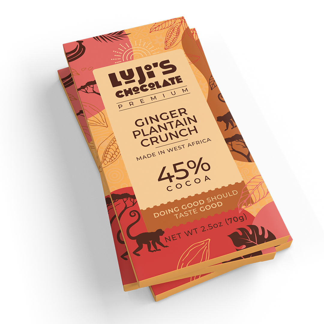 A Luji's Chocolate ginger plantain crunch bar wrapper, vibrant with red and orange hues, showcasing monkey and leaf graphics, and the text '45% Cocoa, Made in West Africa, Doing Good Should Taste Good.'