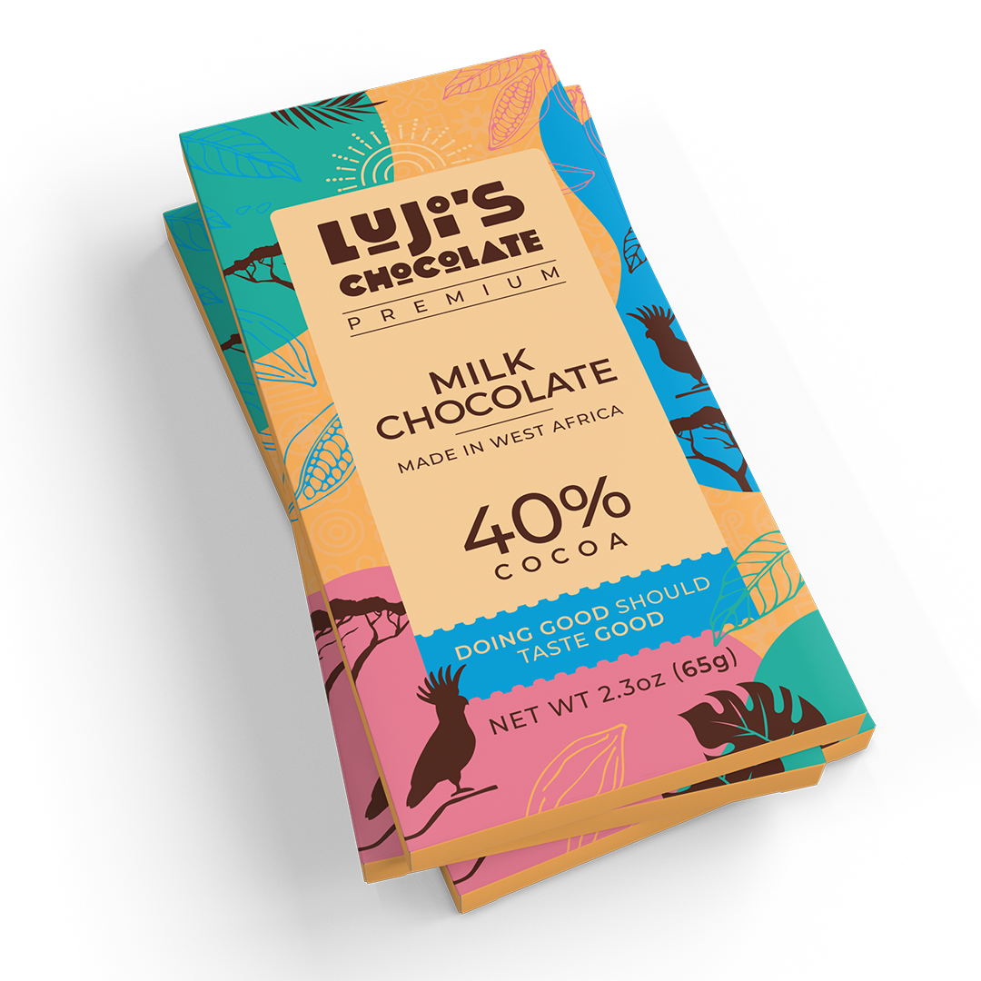 A Luji's Chocolate milk chocolate bar wrapper, with a colorful teal and pink palette, depicting a leaping gazelle, and announcing '40% Cocoa, Made in West Africa, Doing Good Should Taste Good.'