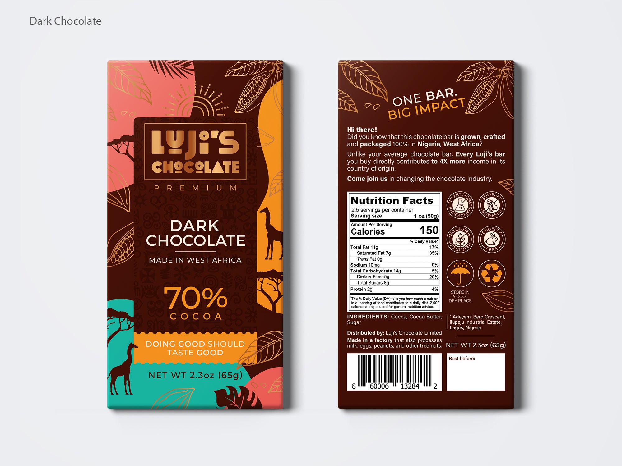 Front and back view of Luji's Dark Chocolate bar packaging with a rich brown and teal design featuring a giraffe silhouette and cocoa pod illustrations, highlighting '70% Cocoa' and the slogan 'Doing Good Should Taste Good' on the front, alongside nutritional facts , ingredients and company address on the back.