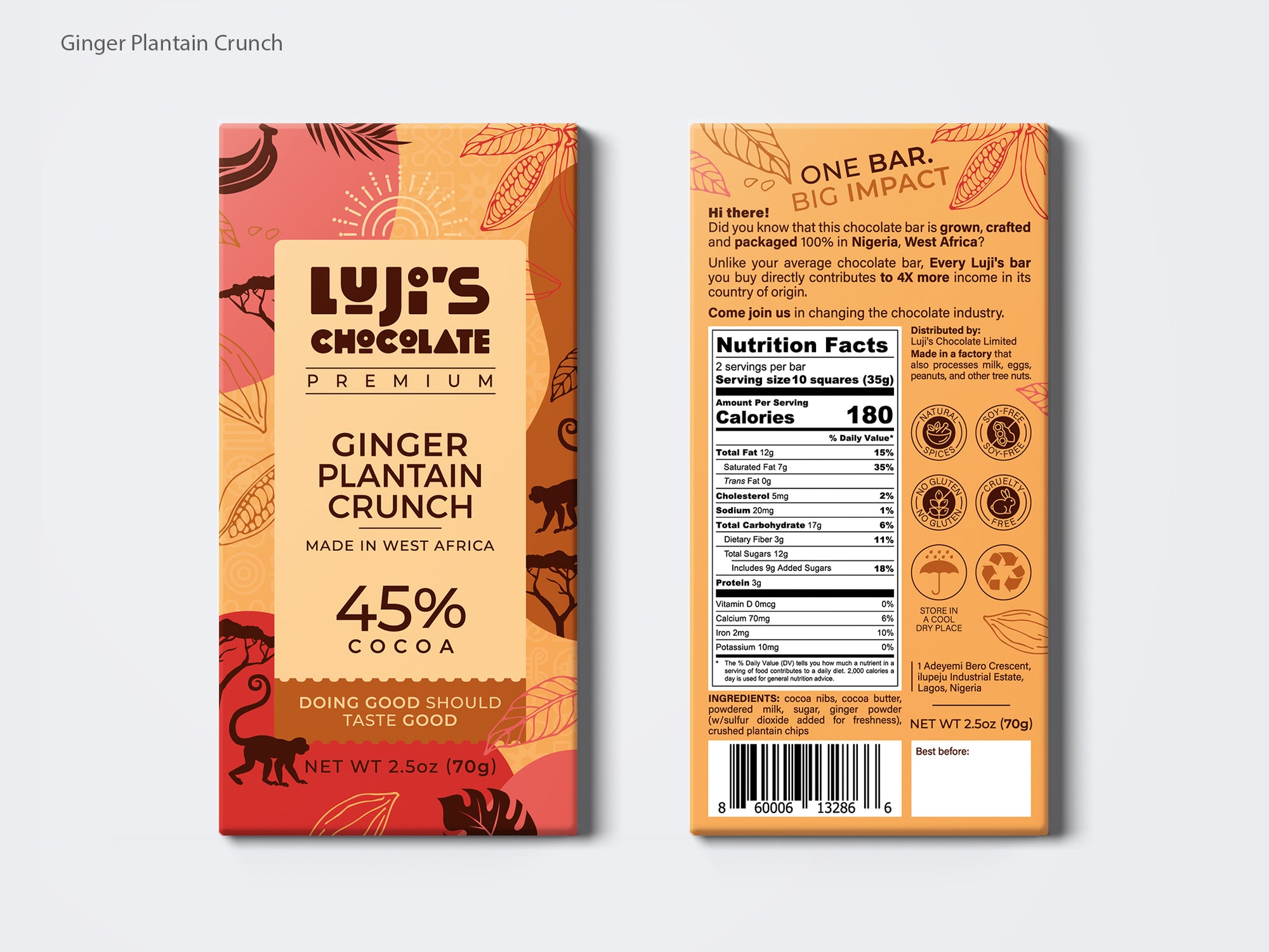 Luji's Chocolate Ginger Plantain Crunch Chocolate bar packaging, with warm red and orange tones, adorned with monkey and leaf graphics, showcases '45% Cocoa' and the brand slogan on the front, with nutritional information, ingredients and manufacturing details on the reverse side.