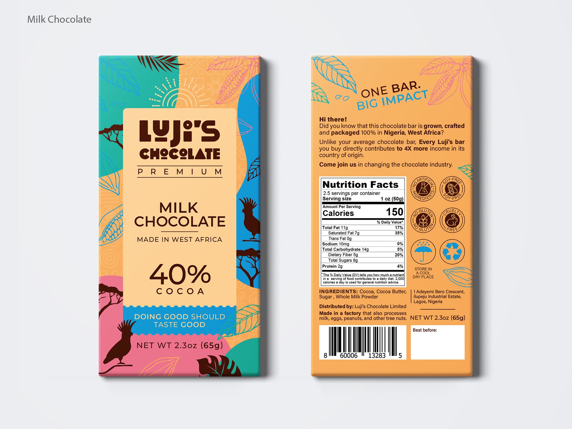 Front and back view of Luji's Milk Chocolate bar packaging with a cream and colorful team and pink design featuring a bird silhouette and cocoa pod illustrations, highlighting '40% Cocoa' and the slogan 'Doing Good Should Taste Good' on the front alongside nutritional facts, ingredients and the company address on the back.
