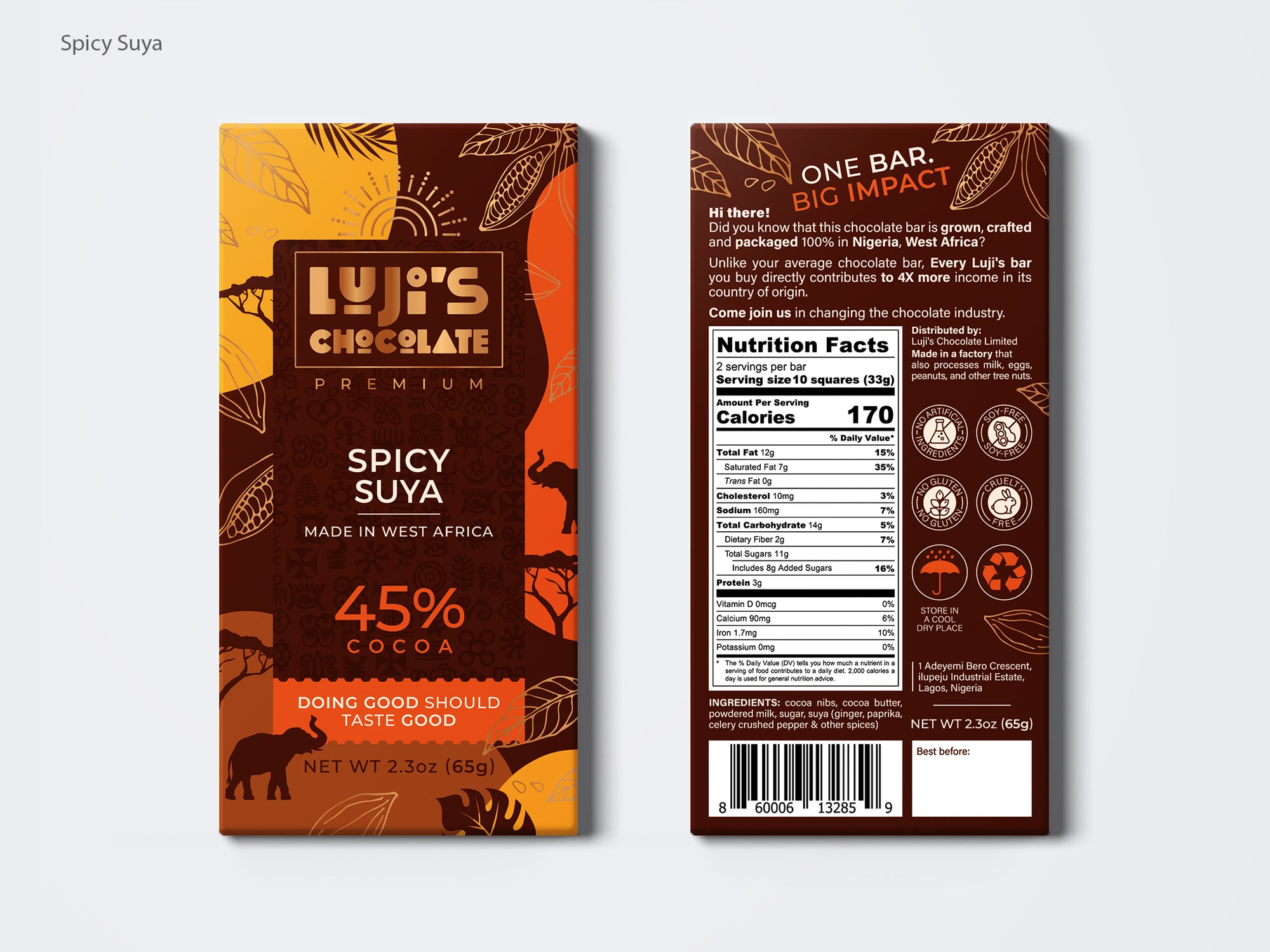 A dual-view of Luji's Chocolate Spicy Suya flavor, featuring a front design with an elephant silhouette against a brown and orange backdrop that states '45% Cocoa' and 'Made in West Africa,' plus the slogan 'Doing Good Should Taste Good.' The reverse side details of the chocolate's Nigerian origin, ingredients list, nutritional facts, and the company's commitment to increasing local farmers' income.