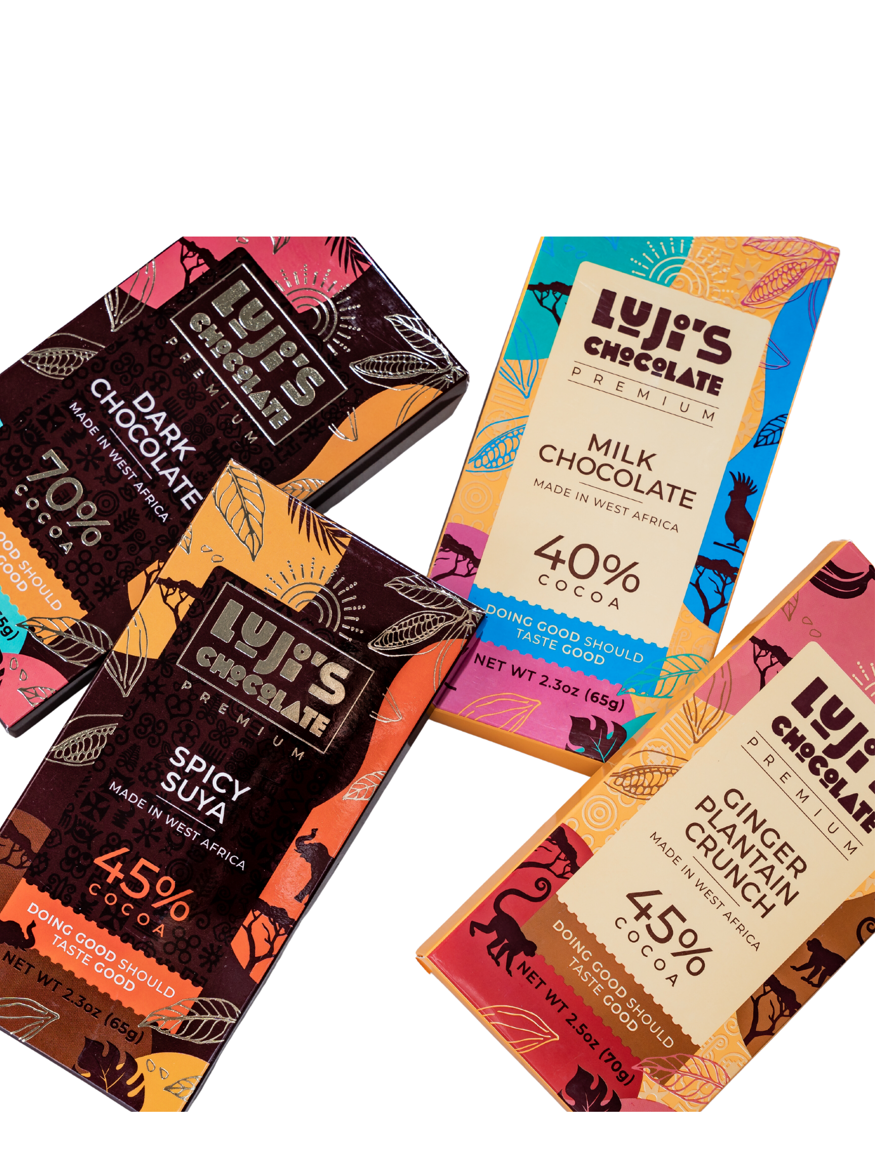 all Luji's Chocolate bars, including spicy suya, dark chocolate, milk chocolate and ginger plantain crunch, randomly scatted around showcases the bright colors on each bar  