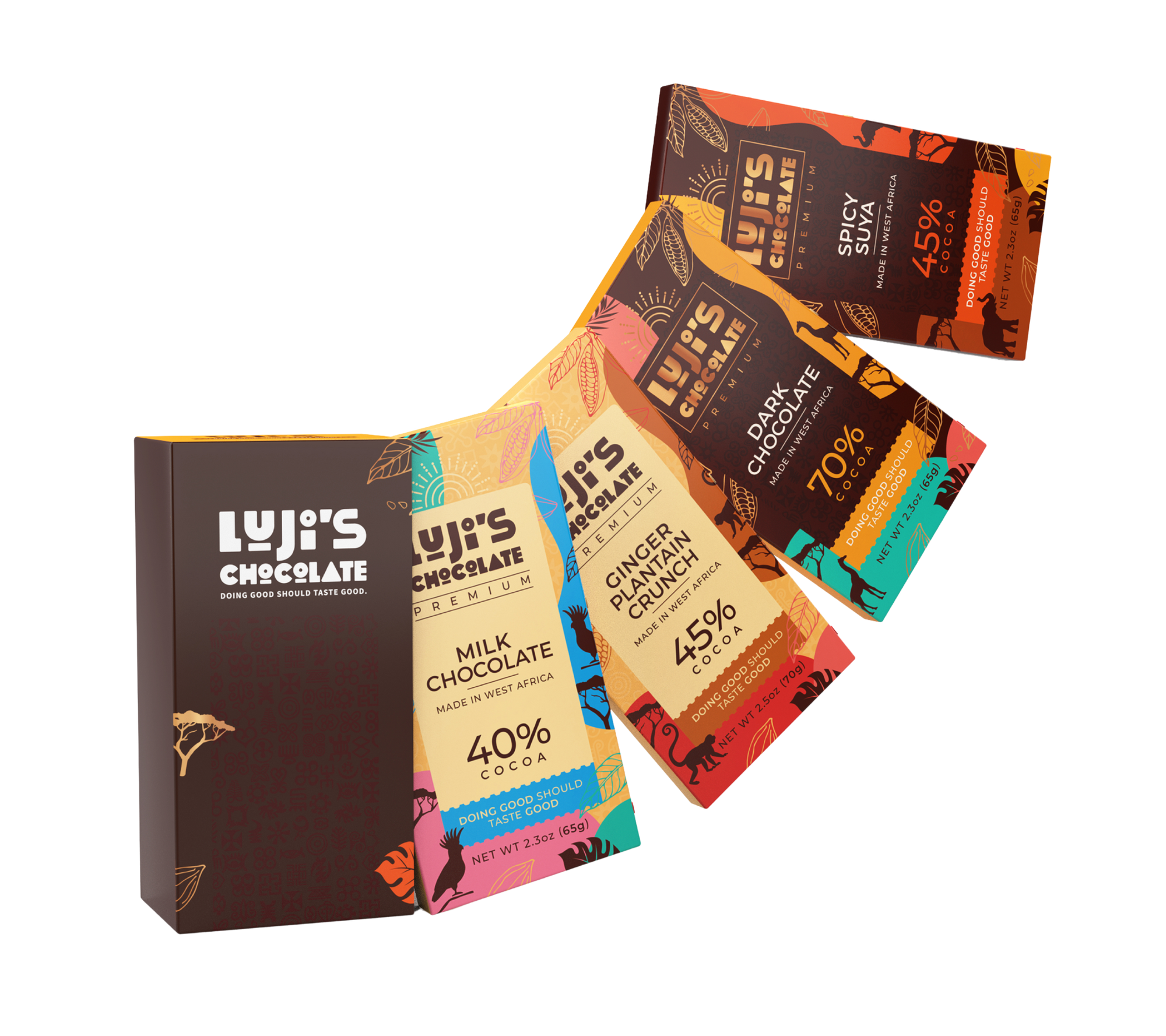 An array of Luji's Chocolate bars laid out diagonally, showcasing vibrant wrappers with African-inspired patterns for flavors including Dark Chocolate, Milk Chocolate, Ginger Plantain Crunch, and Spicy Suya